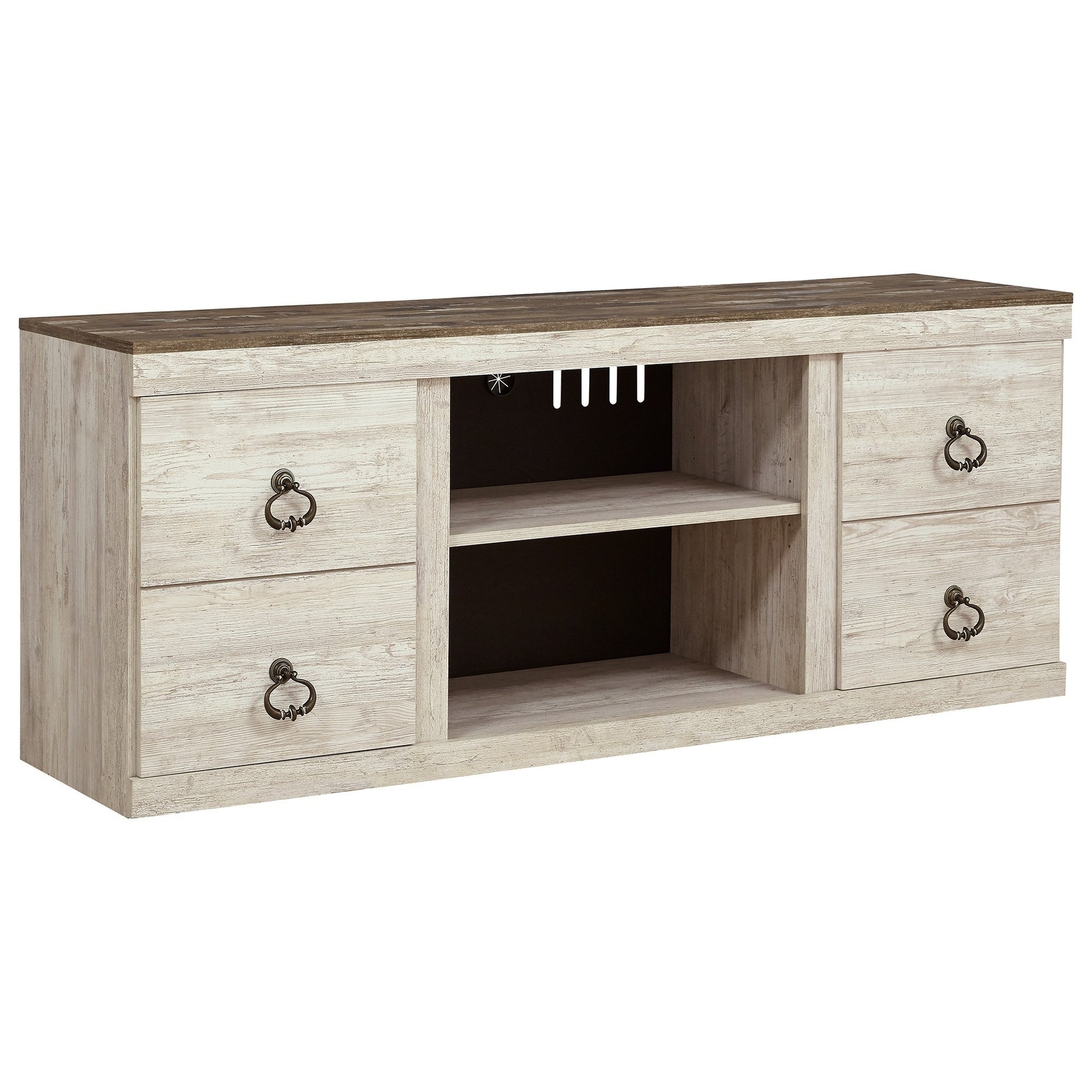 60 Inch Rustic TV Media Entertainment Console, Round Handles, Wood, White — Chic Home-Decor