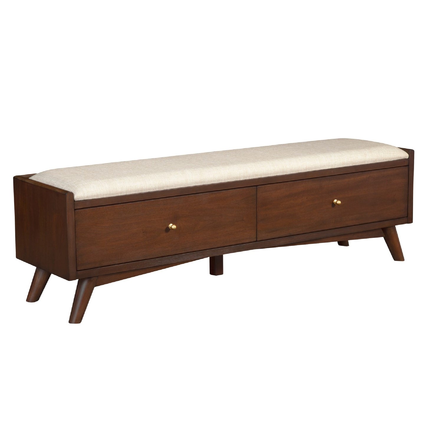 Ian 59 Inch 2 Drawer Accent Bench, Beige Seat, Mahogany Wood, Walnut Brown — Chic Home-Decor