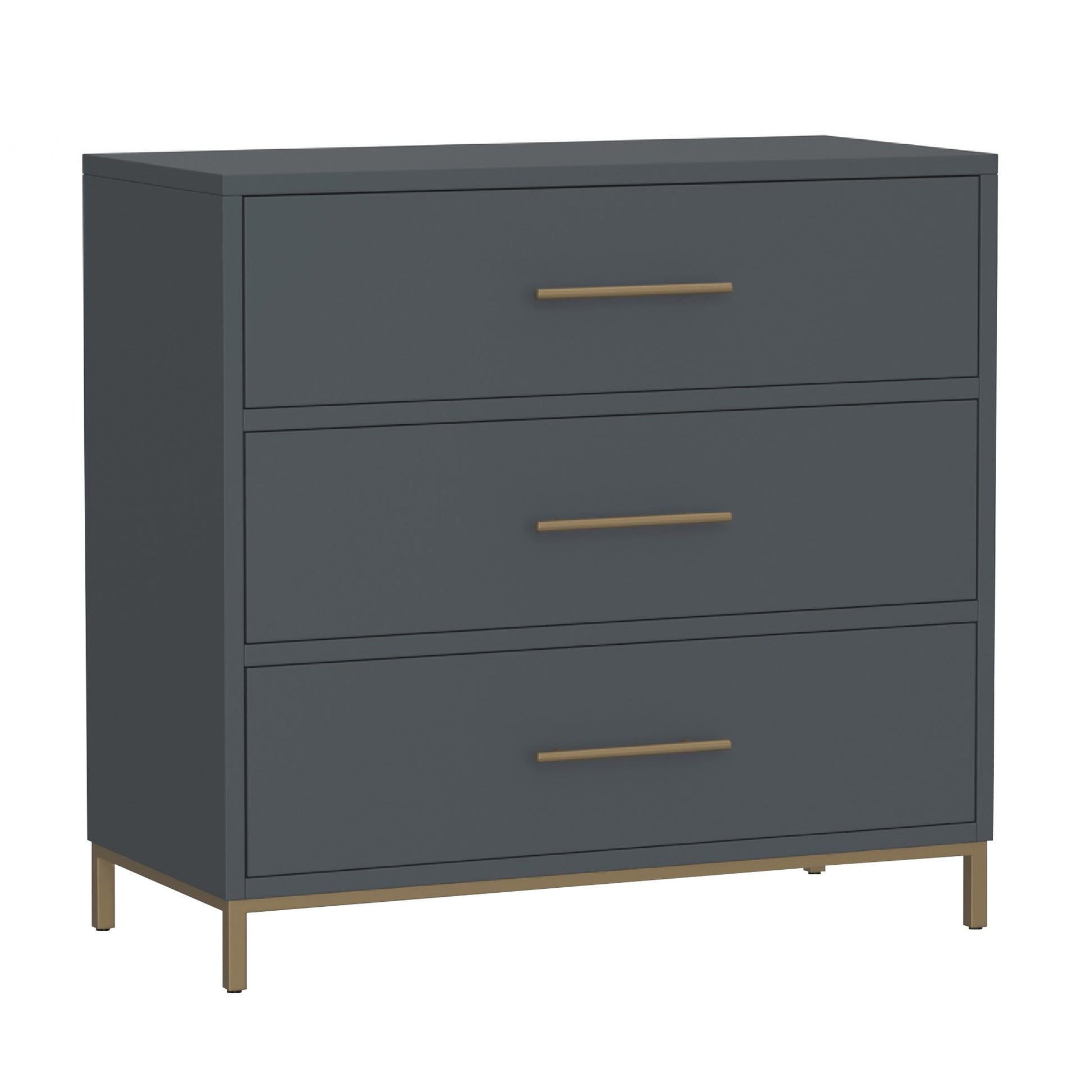 Max 36 Inch 3 Drawer Small Dresser Chest, Brass Metal Frame, Slate Gray — Chic Home-Decor