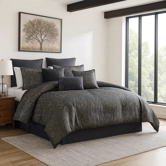 Pixie 9 Piece Polyester Queen Comforter Set, Damask Pattern, Charcoal