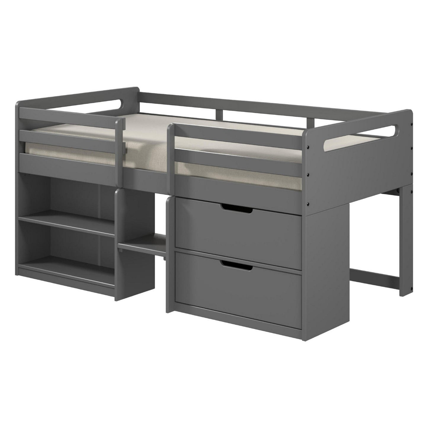 Classic Wood Twin Loft Bed with Storage, 3 Drawers, 2 Compartments, Gray — Chic Home-Decor