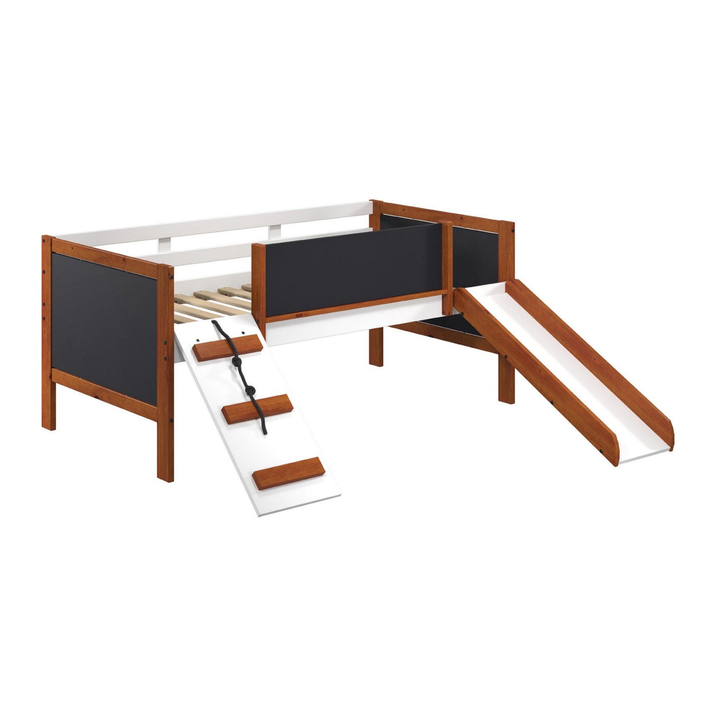 Classic Wood Twin Loft Bed with Slide, Blackboard on Rails, Brown, White — Chic Home-Decor