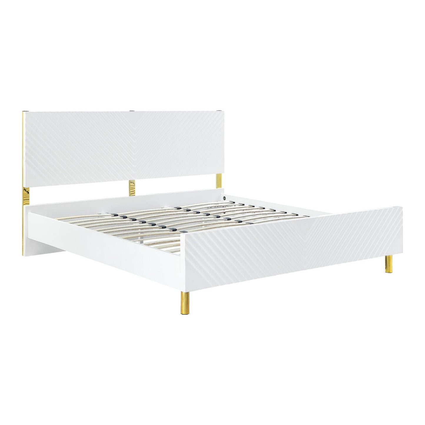 Tyra Modern Queen Bed, Panel Headboard, Luxury Textured Chevron, White Gold — Chic Home-Decor