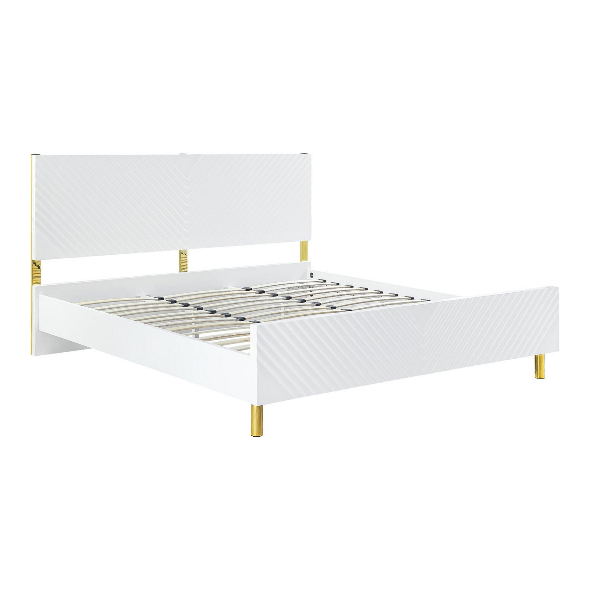 Tyra Modern Queen Bed, Panel Headboard, Luxury Textured Chevron, White Gold — Chic Home-Decor