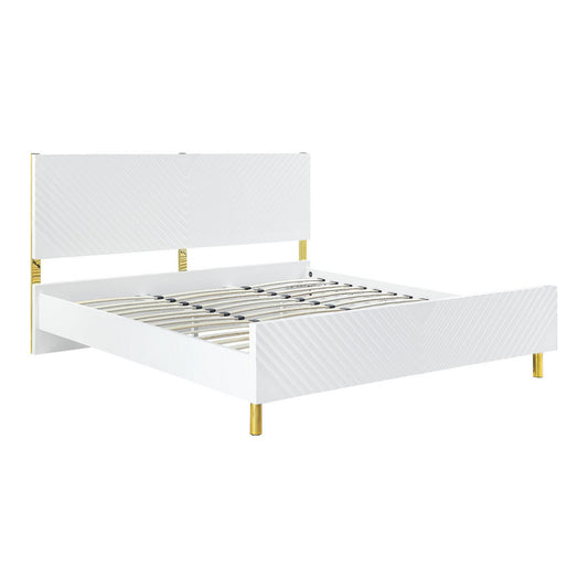Tyra Modern Queen Bed, Panel Headboard, Luxury Textured Chevron, White Gold — Chic Home-Decor