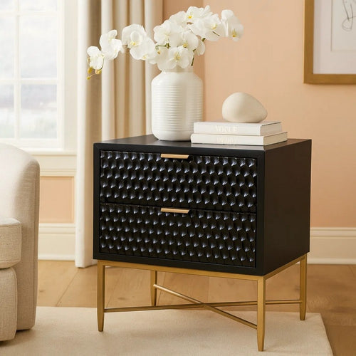 Bowe Nightstand with 2 Drawers, Scrolled, 32 Inch Champagne Gold Wood