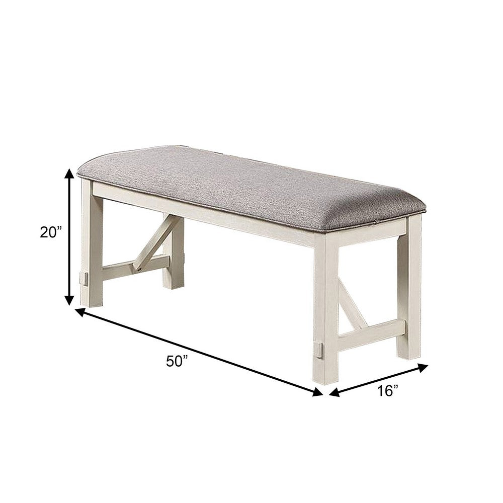 Lexi 50 Inch Dining Bench, Fabric Padded Seat, Rubberwood, Gray and White