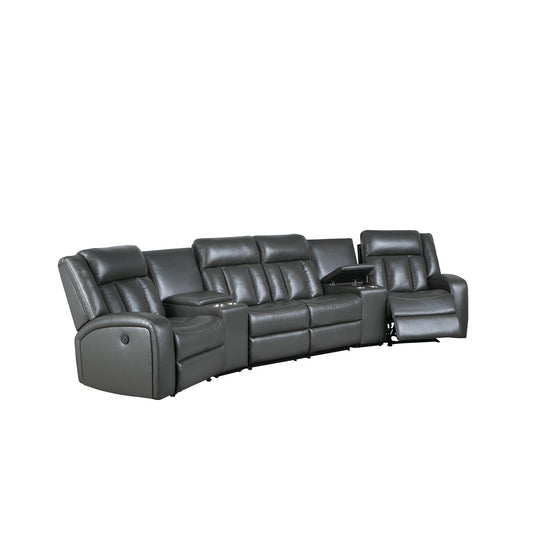 Max 5 Piece Modern Manual Recliner Sectional Set, Gray Vegan Faux Leather — Chic Home-Decor