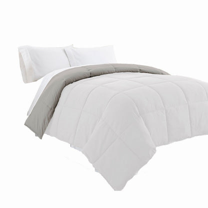 Beth Reversible Microfiber Queen Comforter, Squared Stitching, White, Gray