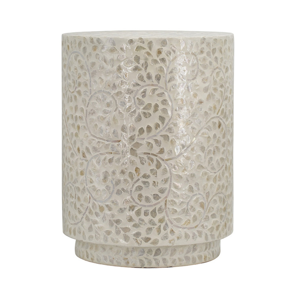 18 Inch Luxury Accent Table Stool, Foliage Star Pattern, Champagne White