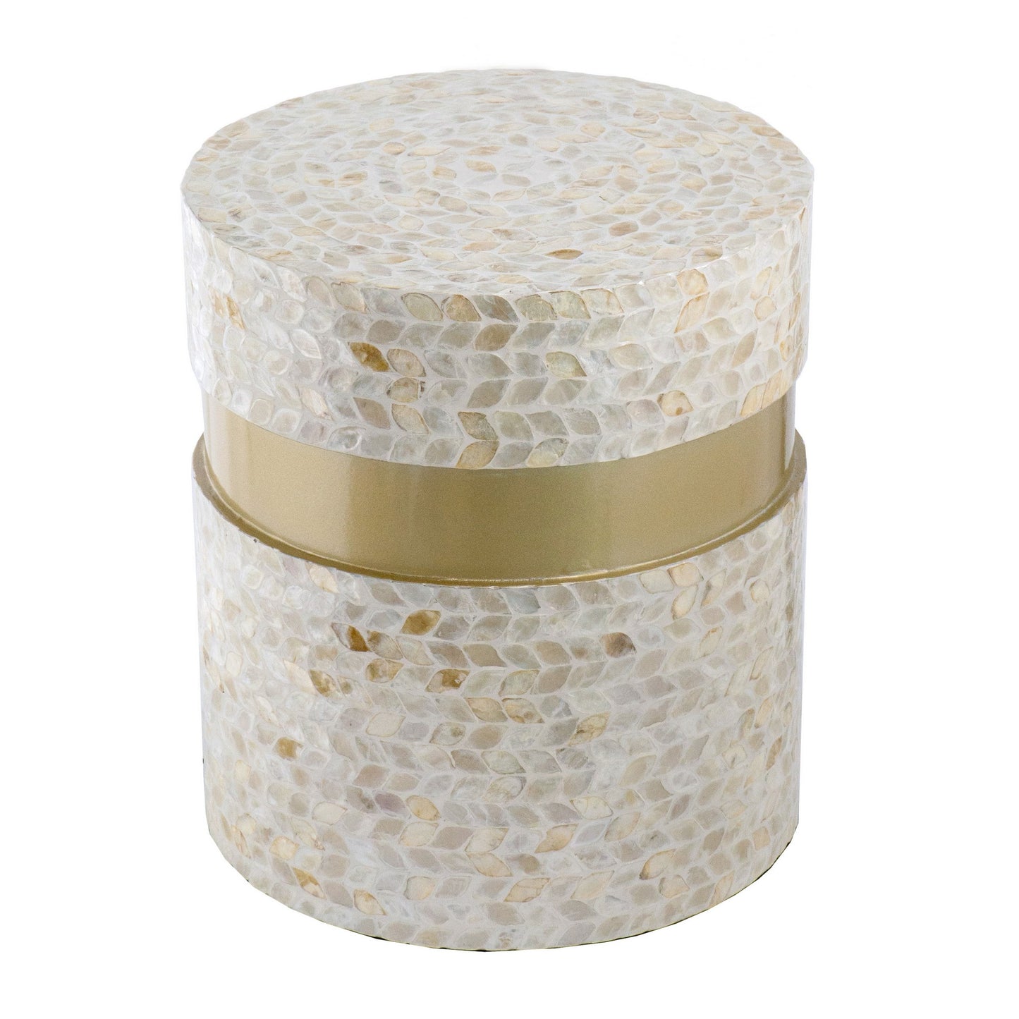 16 Inch Stool Table, Wood, Capiz Shell Leaf Inlay, Modern, Gold Band, Ivory — Chic Home-Decor