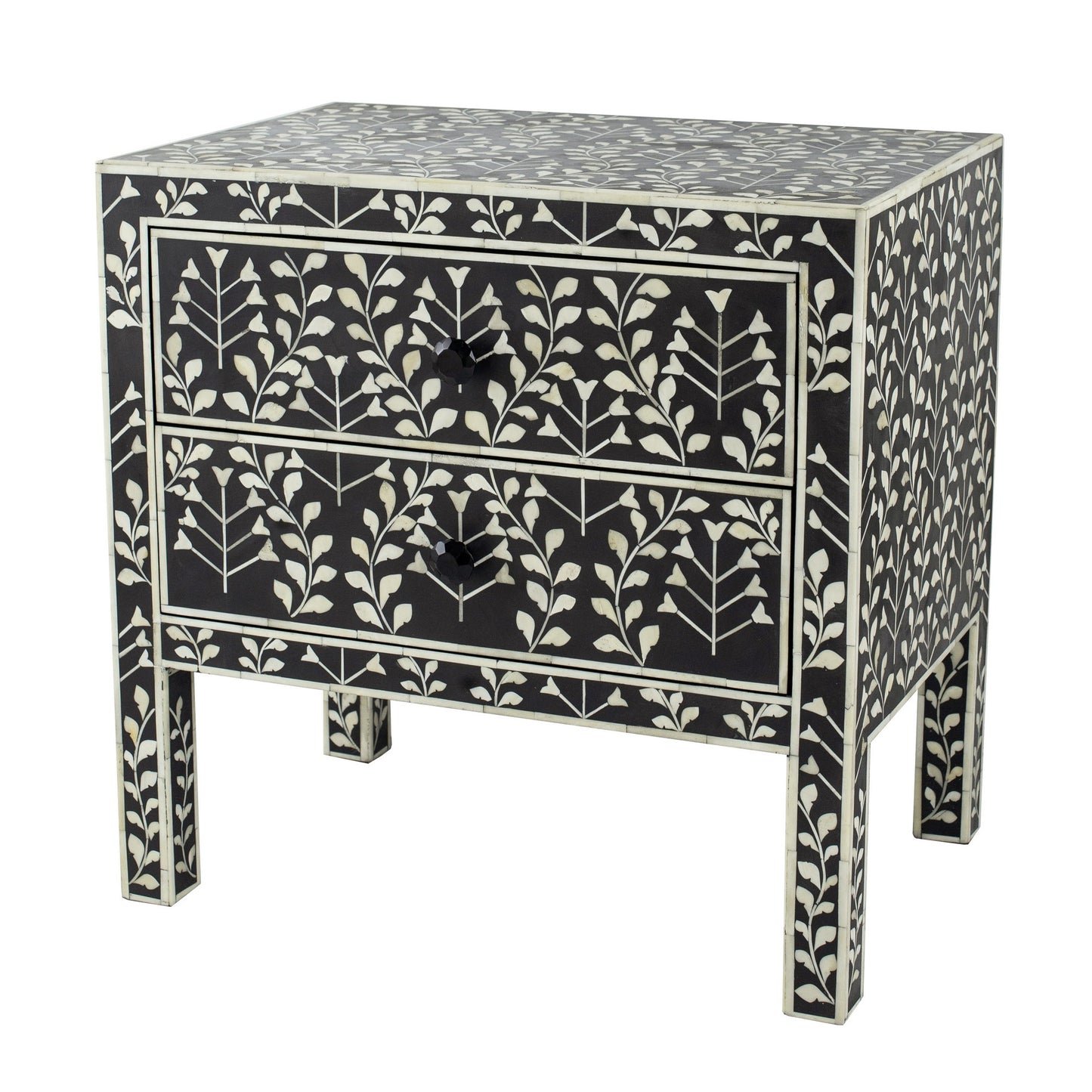 24 Inch Storage Chest, 2 Drawers, Bone Inlay, Floral Pattern, Modern, Black — Chic Home-Decor