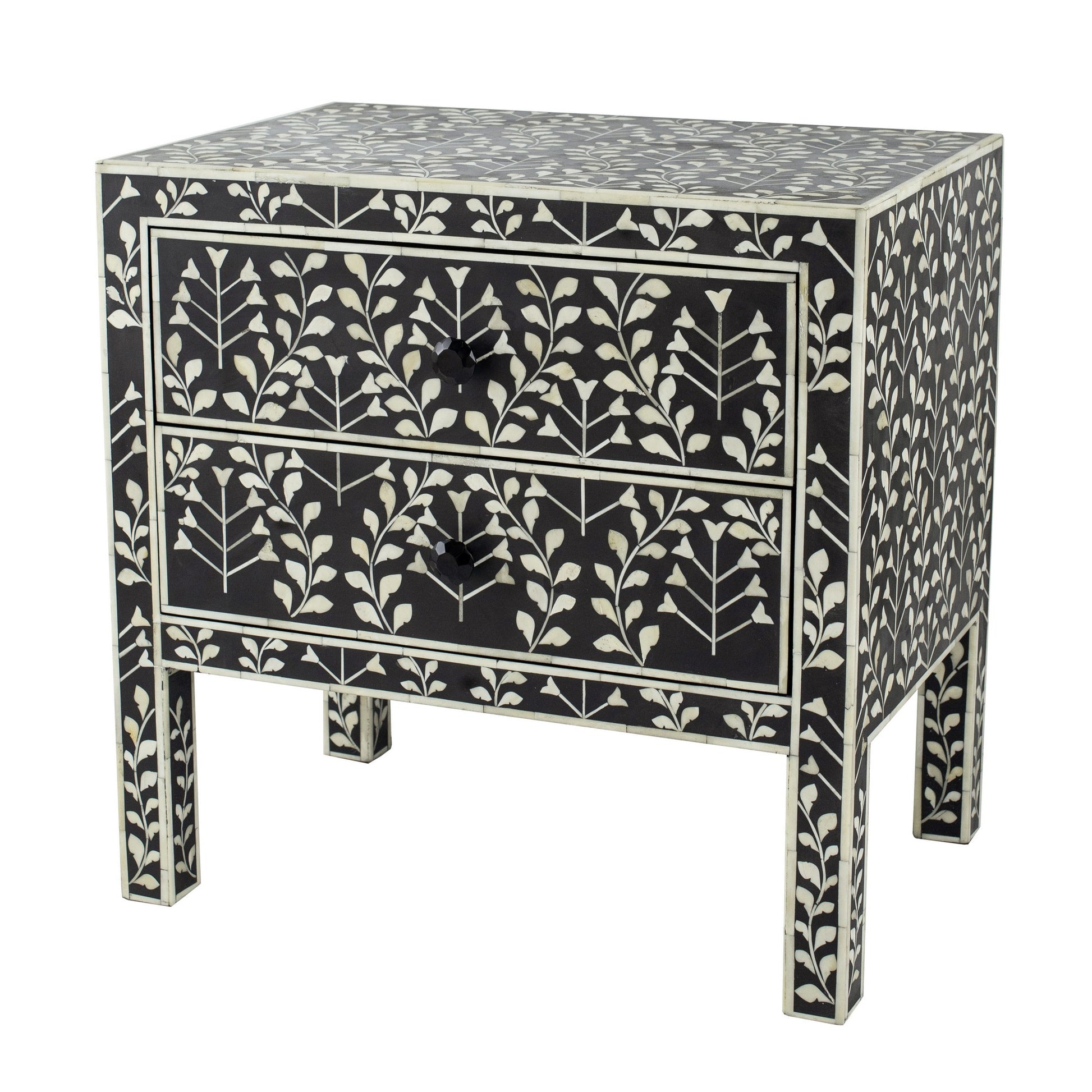 24 Inch Storage Chest, 2 Drawers, Bone Inlay, Floral Pattern, Modern, Black — Chic Home-Decor