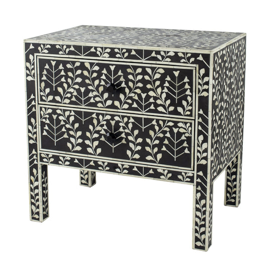 24 Inch Storage Chest, 2 Drawers, Bone Inlay, Floral Pattern, Modern, Black — Chic Home-Decor