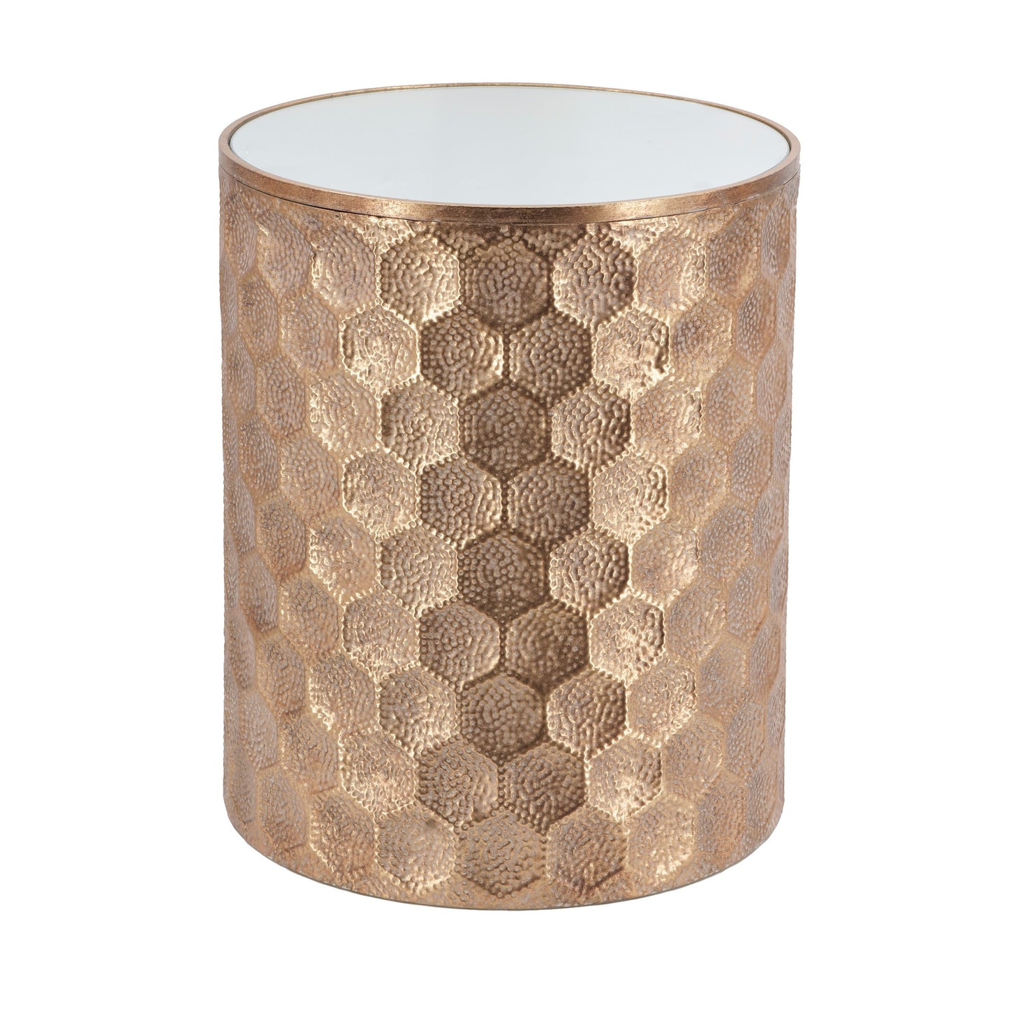 20 Inch Side Table, Iron Top, Mirrored Tabletop, Hammered Texture, Gold — Chic Home-Decor