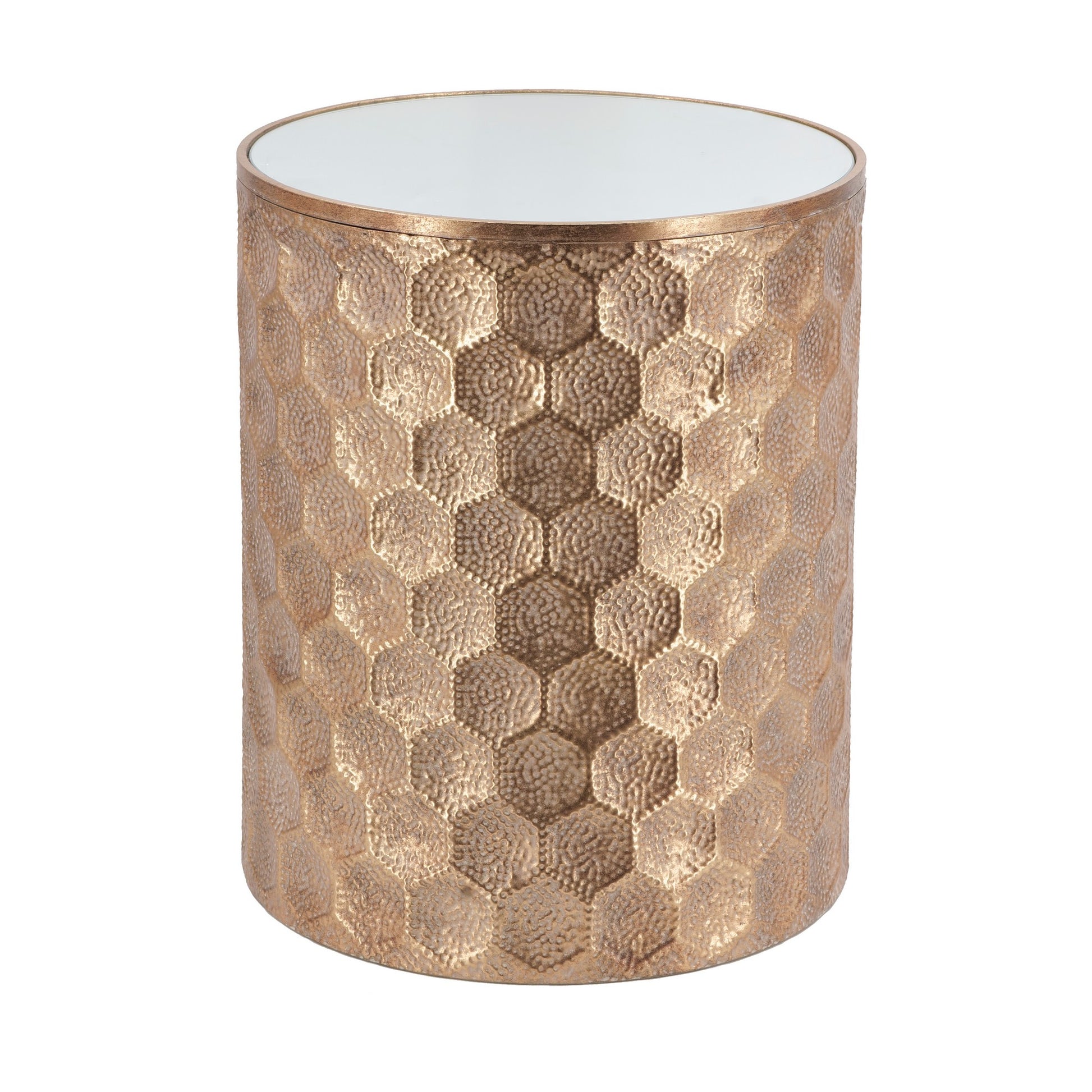 20 Inch Side Table, Iron Top, Mirrored Tabletop, Hammered Texture, Gold — Chic Home-Decor