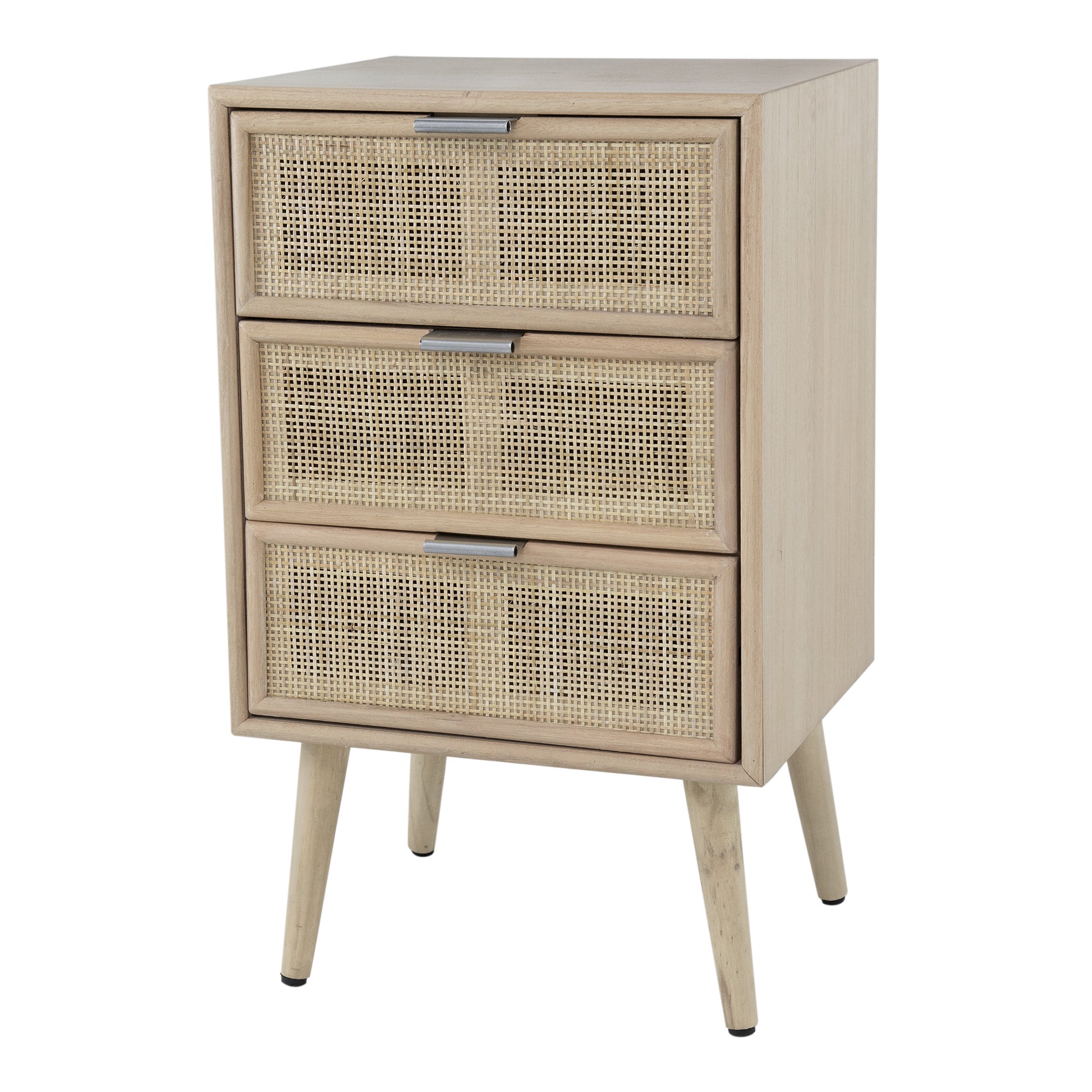 Cae 28 Inch Dresser Chest, 3 Drawers, Pine Wood, Rattan Panels, Brown — Chic Home-Decor