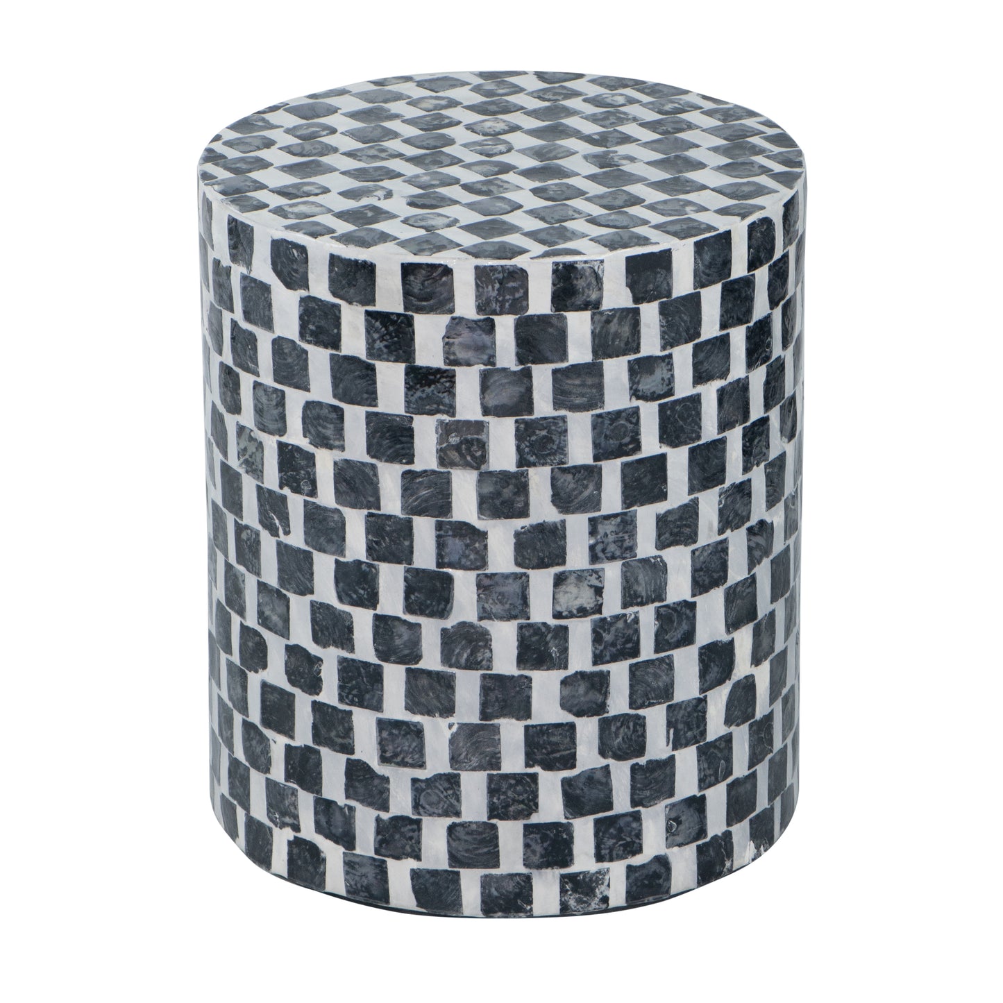 16 Inch Accent Stool Table, Drum Shape, Wood With Mosaic, White, Black — Chic Home-Decor