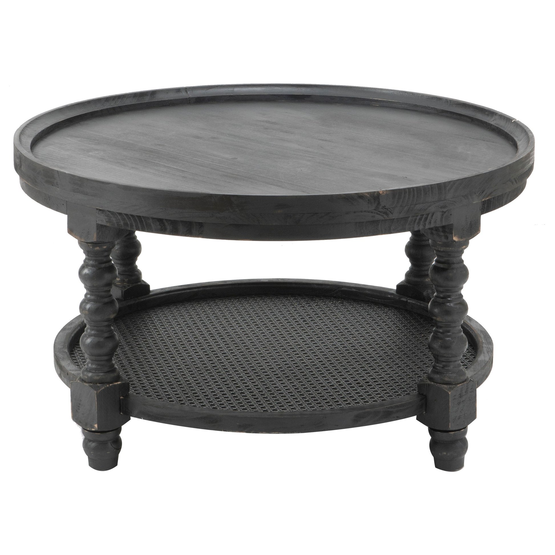 Jake 30 Inch Coffee Table, Fir Wood, Lower Tier Woven Wicker Shelf, Black — Chic Home-Decor
