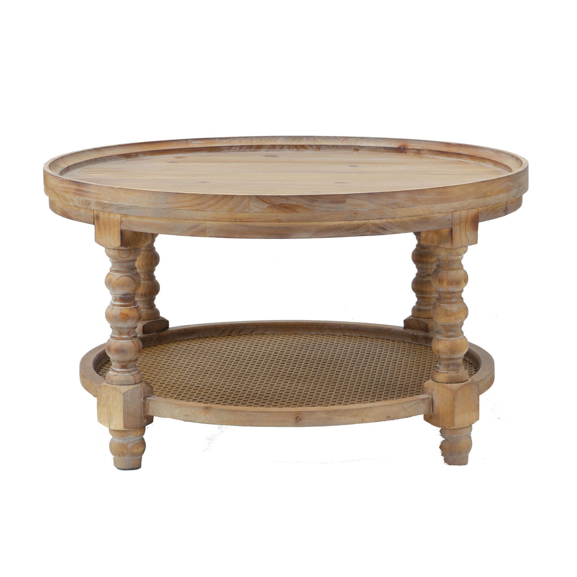 Jake 30 Inch Coffee Table, Fir Wood, Lower Tier Woven Wicker Shelf, Brown — Chic Home-Decor