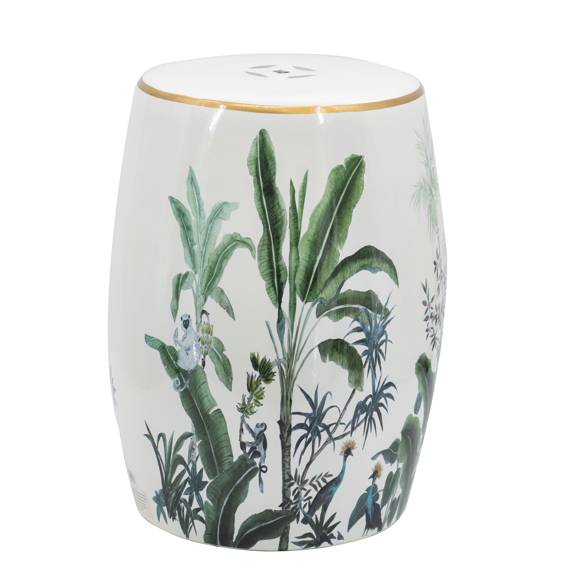 18 Inch Ceramic Accent Table, Drum Shape, Tropical Leaves Print, White, Green — Chic Home-Decor