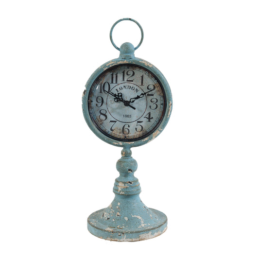 13 Inch Decorative Table Clock, Iron, Vintage Inspired Design, Aqua Blue — Chic Home-Decor
