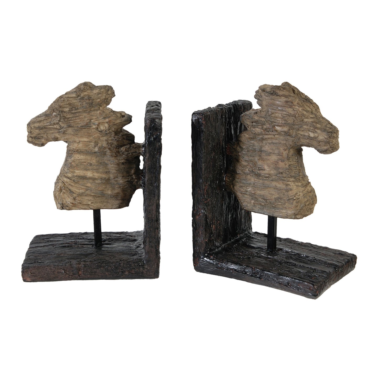 Ari Set of 2 Classic Bookends, Horse Bust, Polyresin, Metal, Brown, Black — Chic Home-Decor
