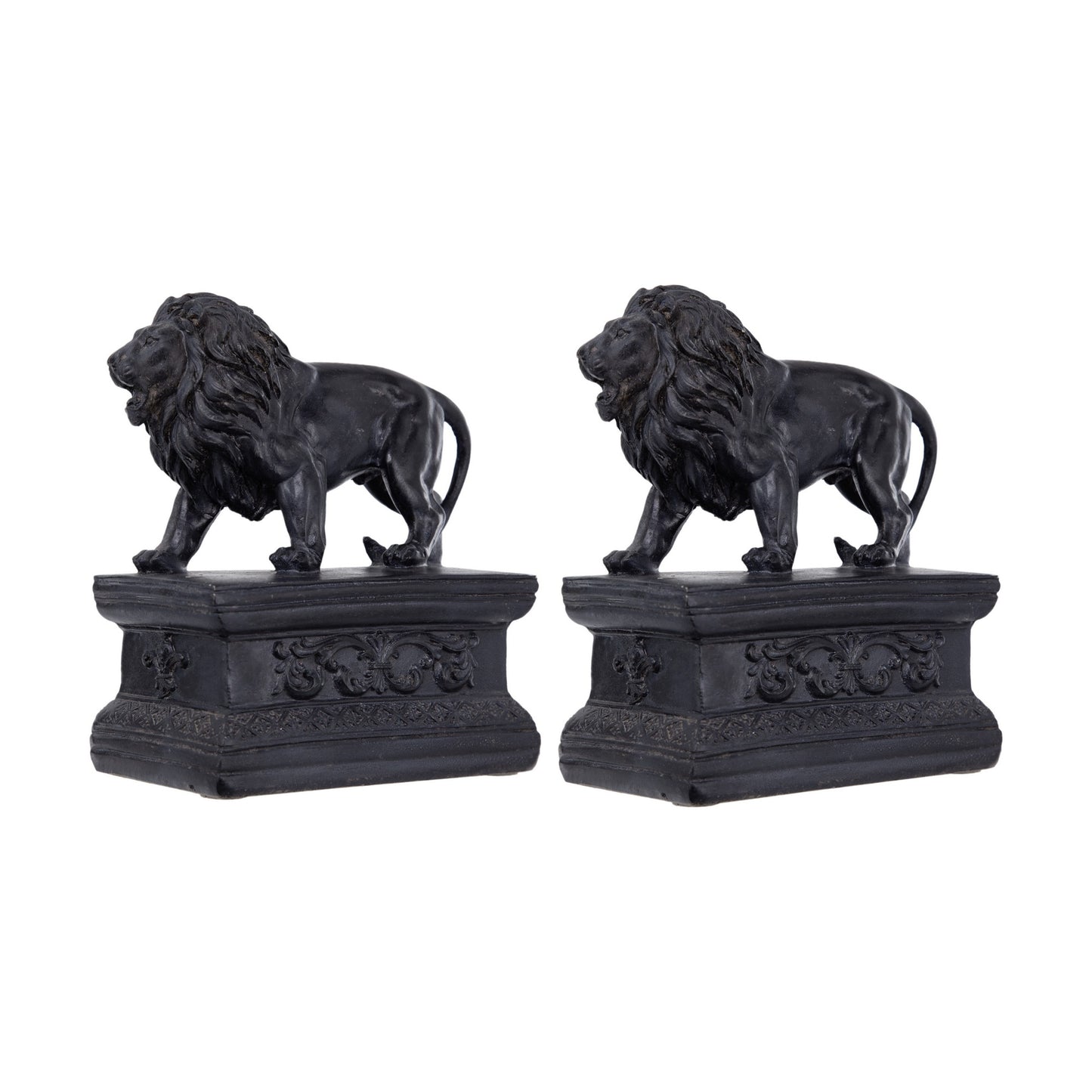Ari Set of 2 Classic Bookends, Lion Statuette Figurines, Glossy Black Resin — Chic Home-Decor