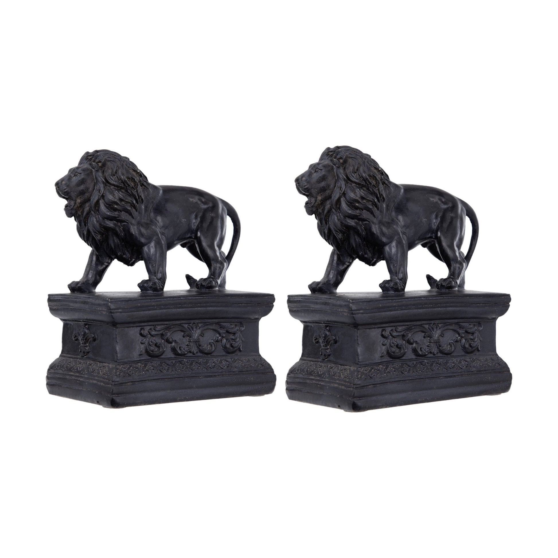 Ari Set of 2 Classic Bookends, Lion Statuette Figurines, Glossy Black Resin — Chic Home-Decor