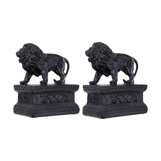 Ari Set of 2 Classic Bookends, Lion Statuette Figurines, Glossy Black Resin — Chic Home-Decor