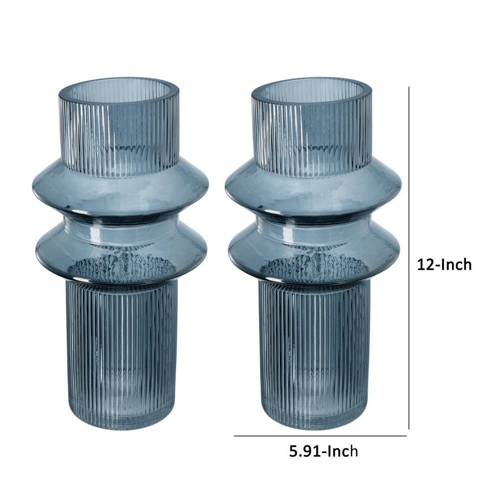 Rae Set of 2 Glass Vases, Tall Round Cylinders, Smokey Blue, Clear Finish
