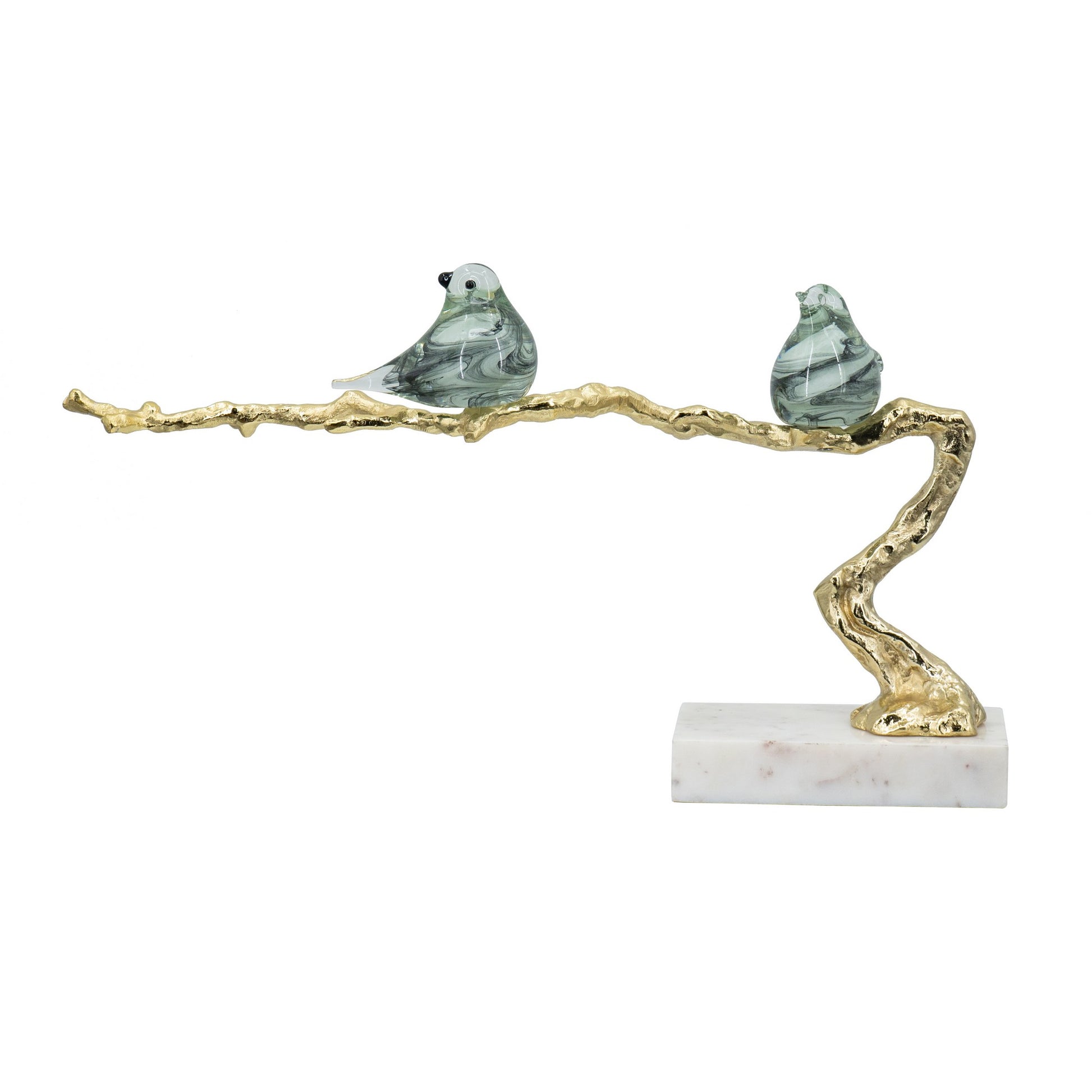 Sue 25 Inch Accent Decor Sculpture, 2 Birds Sitting on Branch, Gold, White — Chic Home-Decor
