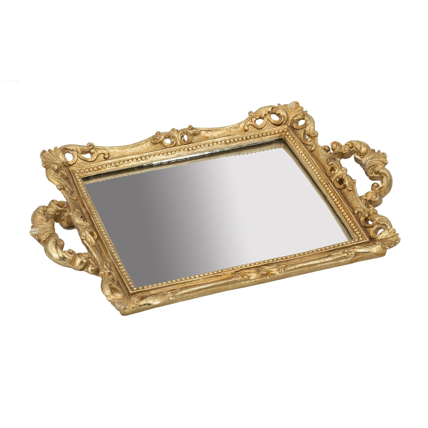 16 Inch Serving Tray, Decorative, Mirrored Bottom, Carved Gold Frame — Chic Home-Decor