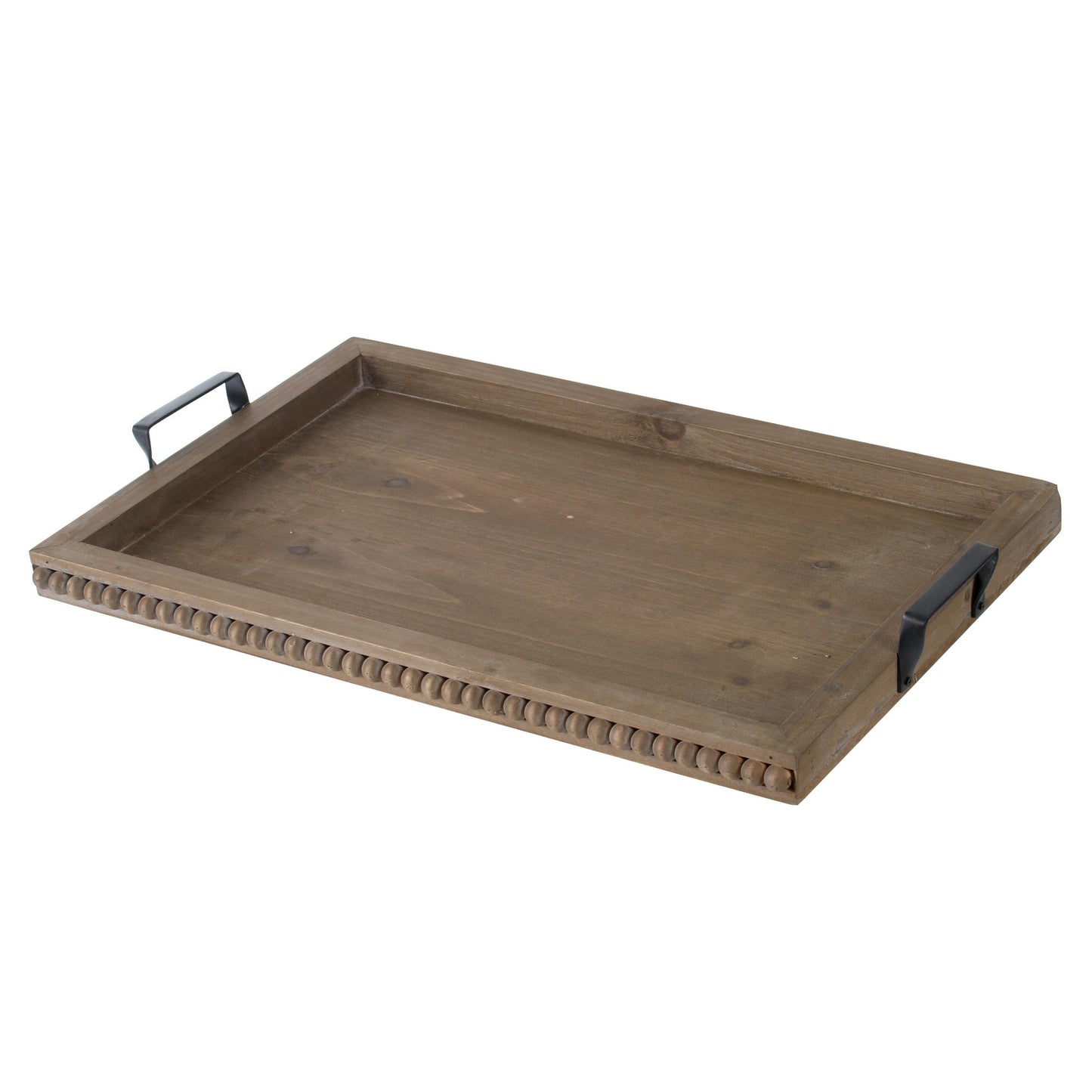 24 Inch Rustic Wood Serving Tray with Iron Handles, Classic Trim, Brown — Chic Home-Decor