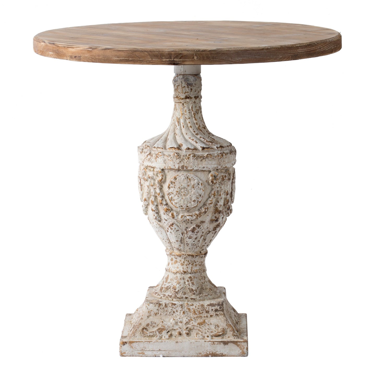 31 Inch Round Accent Side Table, Fir Wood, Engraved, Brown, Antique White — Chic Home-Decor