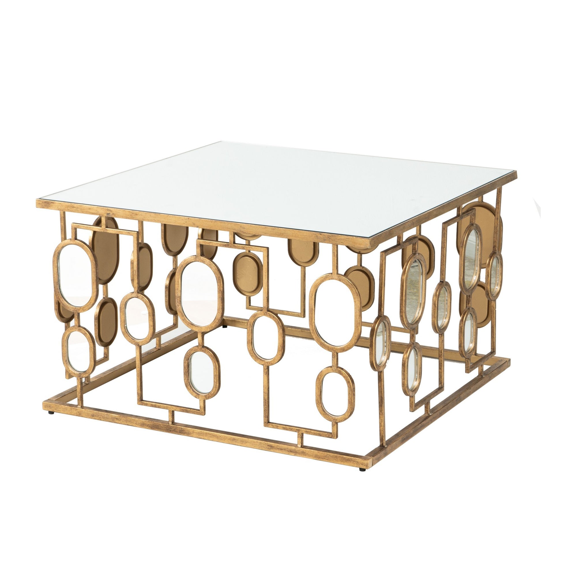 32 Inch Coffee Table, Mirror Top, Geometric Patterns, Iron, Modern, Gold — Chic Home-Decor