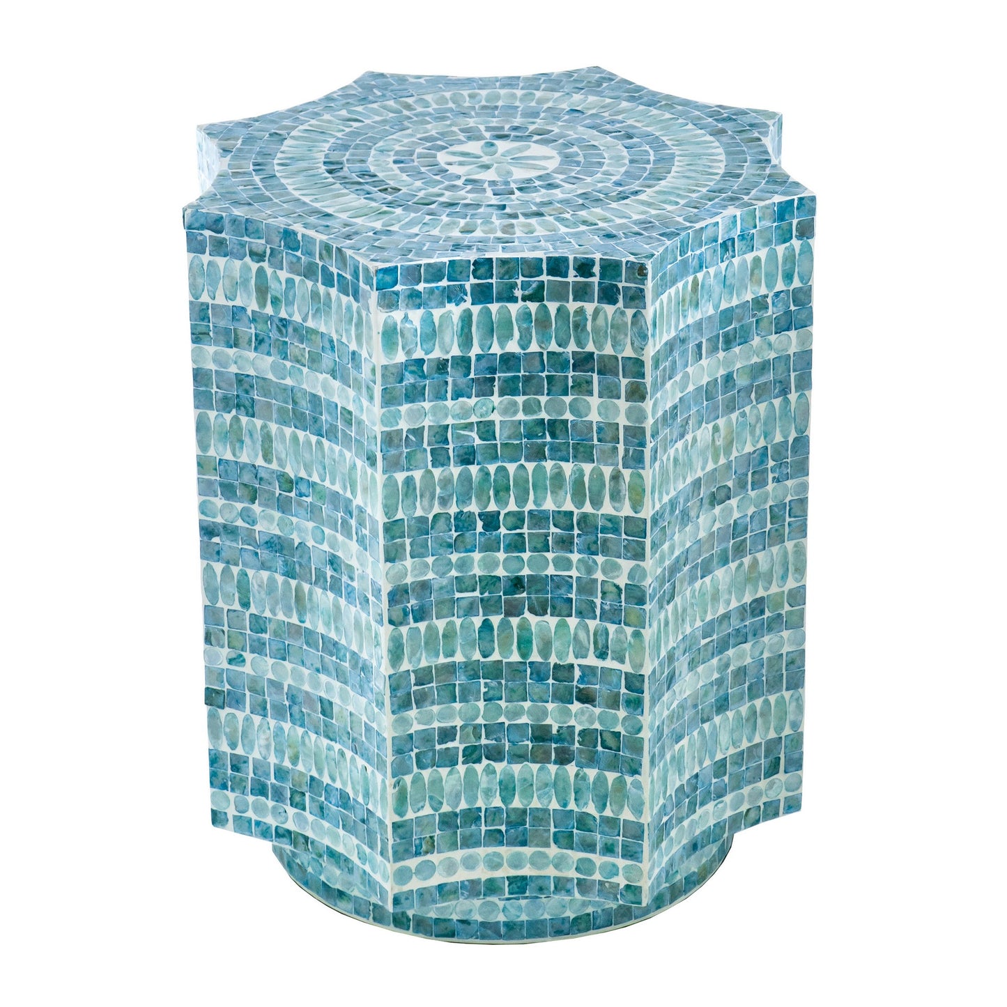 20 Inch Stool Table, Capiz Shell Inlay, Floral Geometric Design, Turquoise — Chic Home-Decor