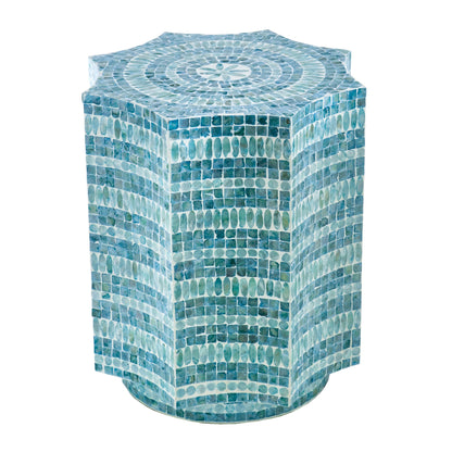 20 Inch Stool Table, Capiz Shell Inlay, Floral Geometric Design, Turquoise — Chic Home-Decor