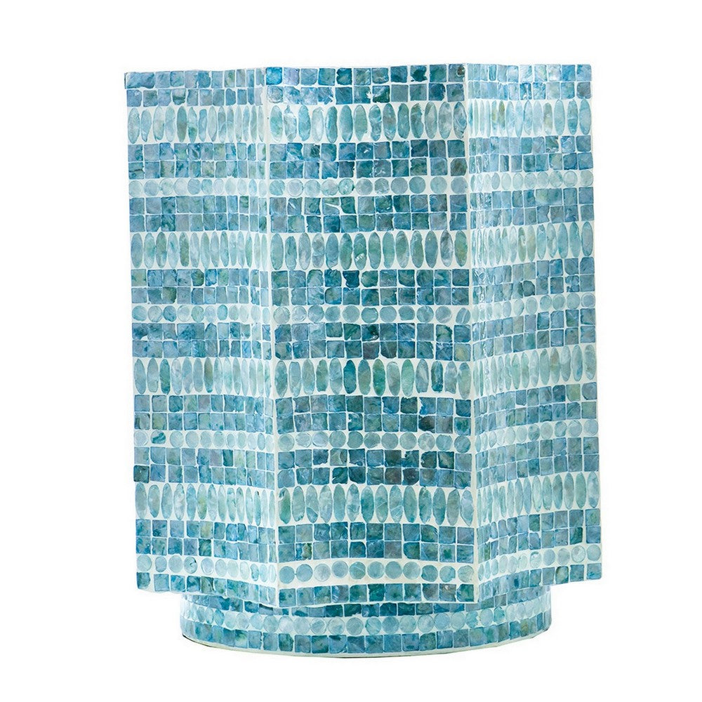 20 Inch Stool Table, Capiz Shell Inlay, Floral Geometric Design, Turquoise