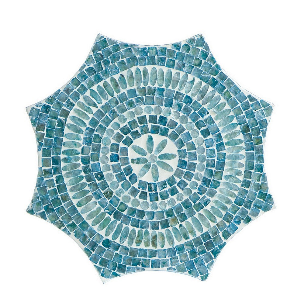 20 Inch Stool Table, Capiz Shell Inlay, Floral Geometric Design, Turquoise