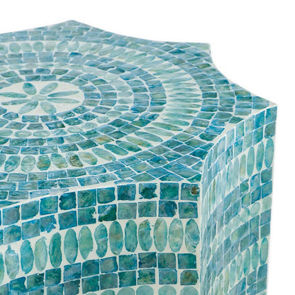 20 Inch Stool Table, Capiz Shell Inlay, Floral Geometric Design, Turquoise
