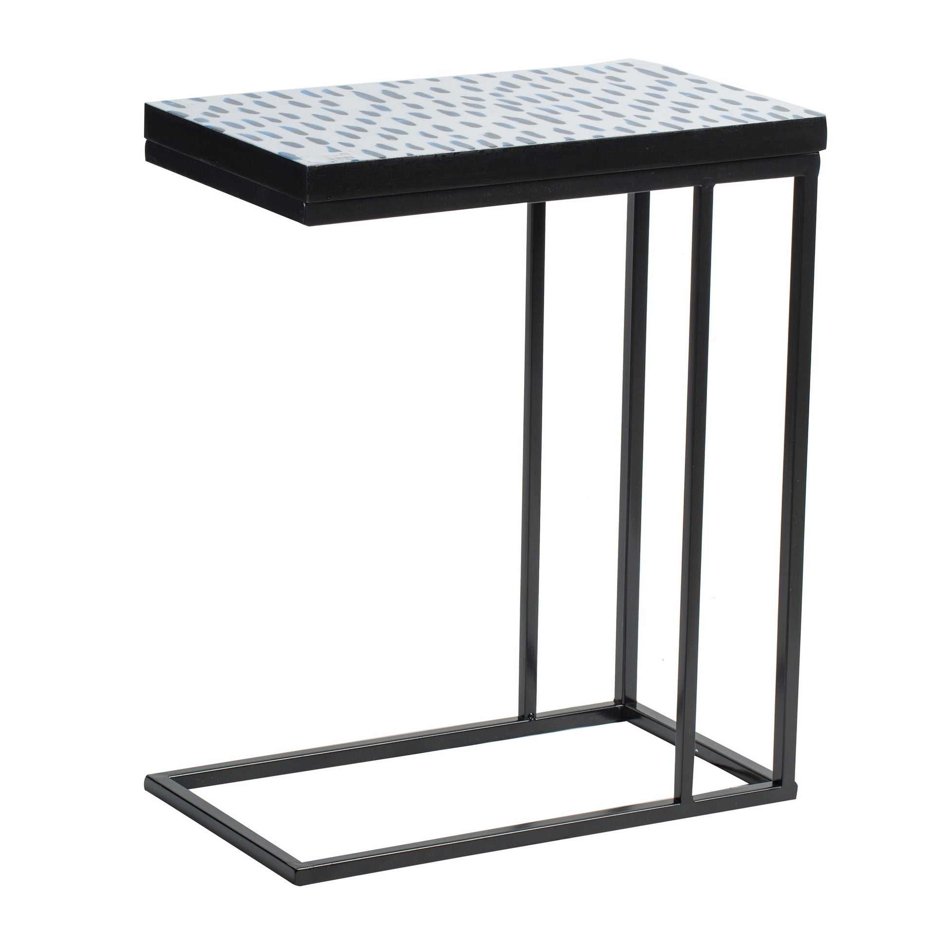 24 Inch End Side Table, Blue Patterned Top, C Shape Open Frame, Black — Chic Home-Decor