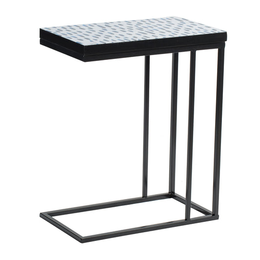 24 Inch End Side Table, Blue Patterned Top, C Shape Open Frame, Black — Chic Home-Decor
