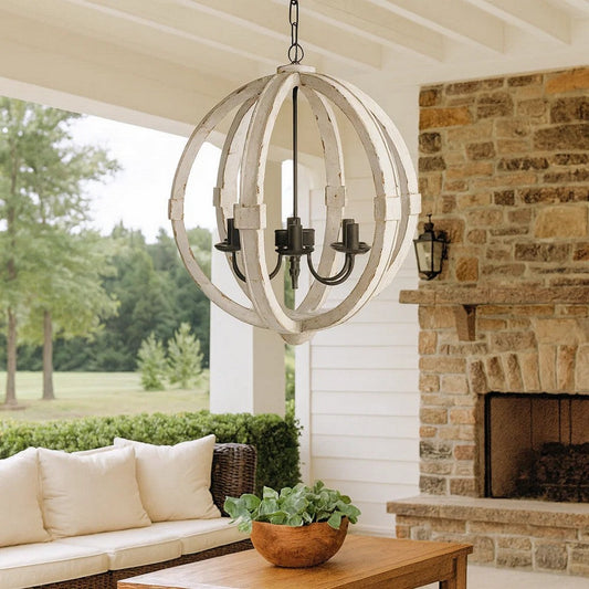 22 Inch 6 Light Wood Chandelier, Candelabra Style,Classic, White Finish