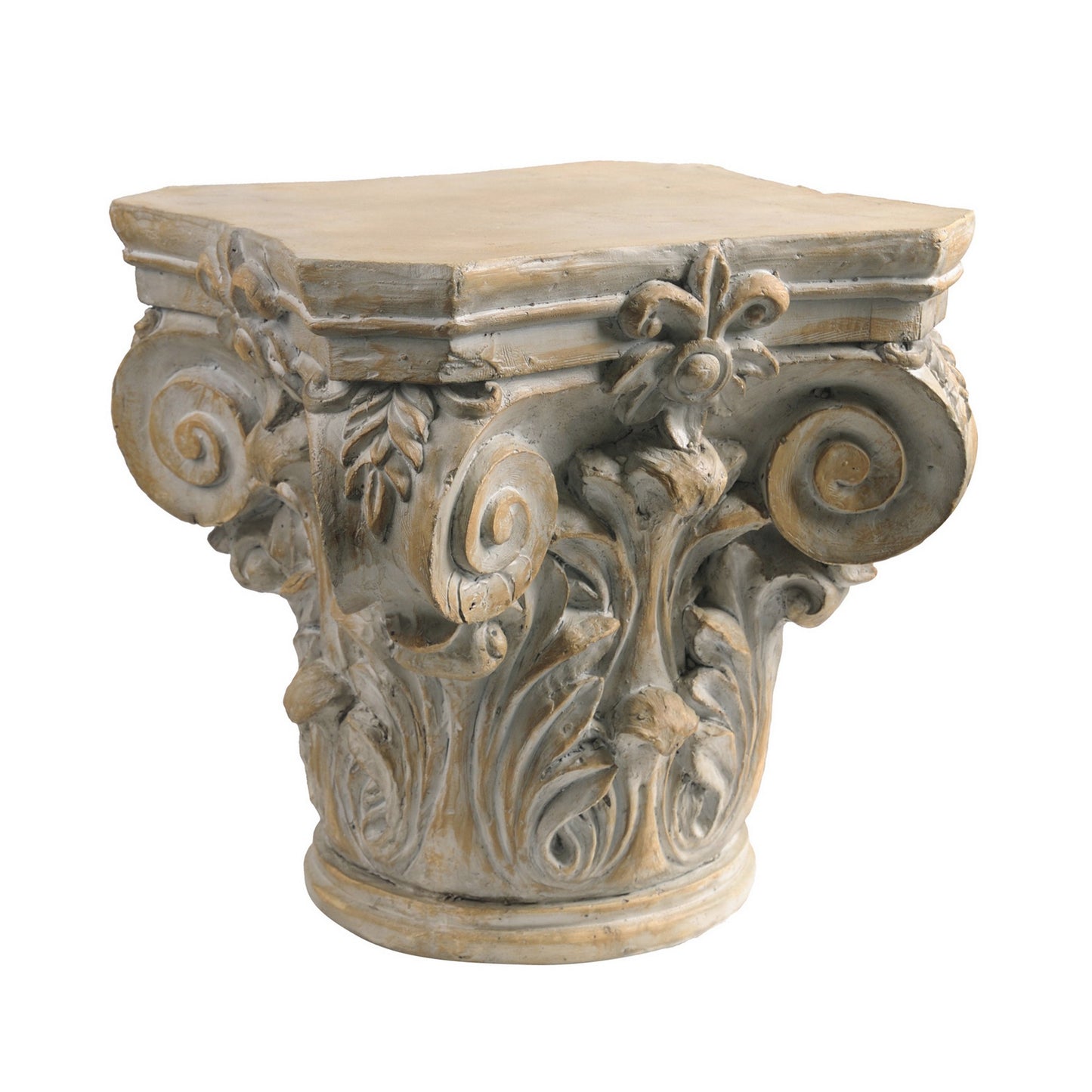 18 Inch Column Pedestal, Classic Carved Scrollwork, Floral, Antique White — Chic Home-Decor