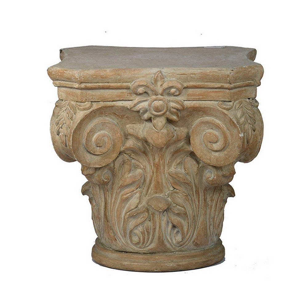 18 Inch Column Pedestal, Classic Carved Scrollwork, Floral, Antique White