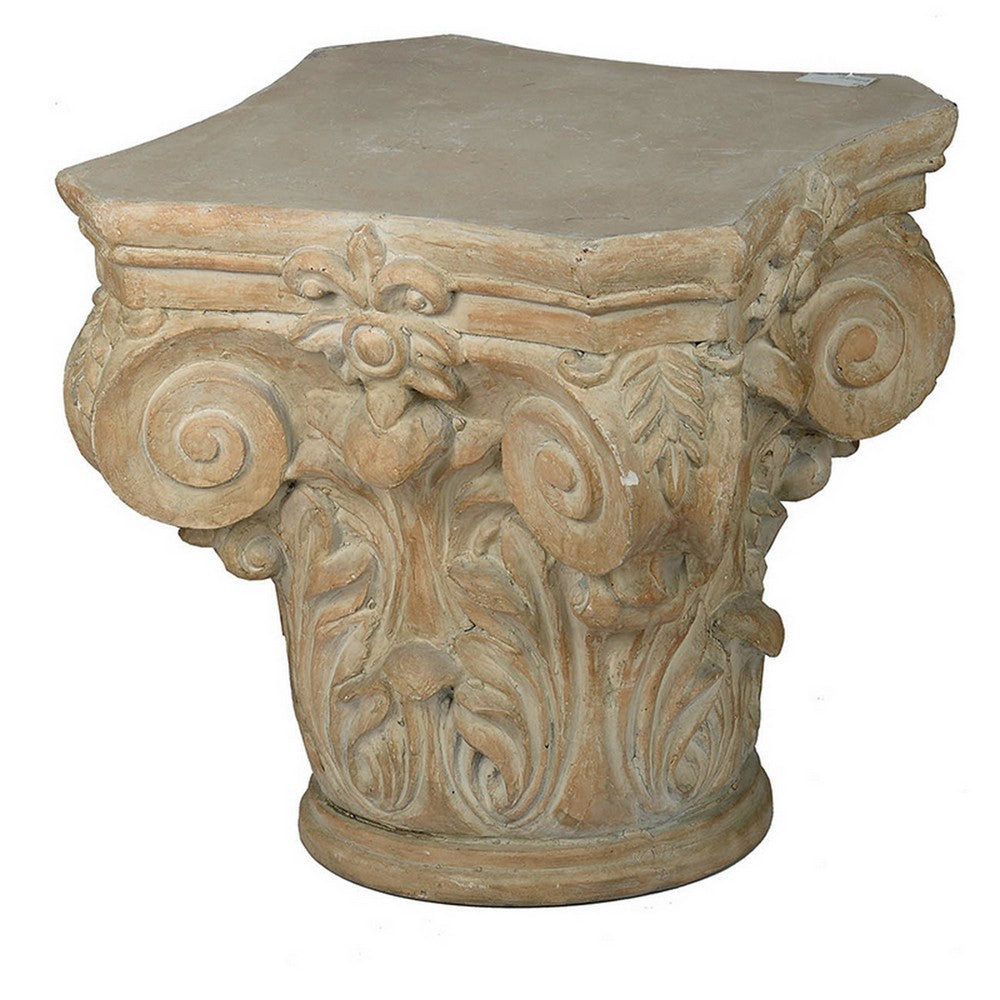 18 Inch Column Pedestal, Classic Carved Scrollwork, Floral, Antique White