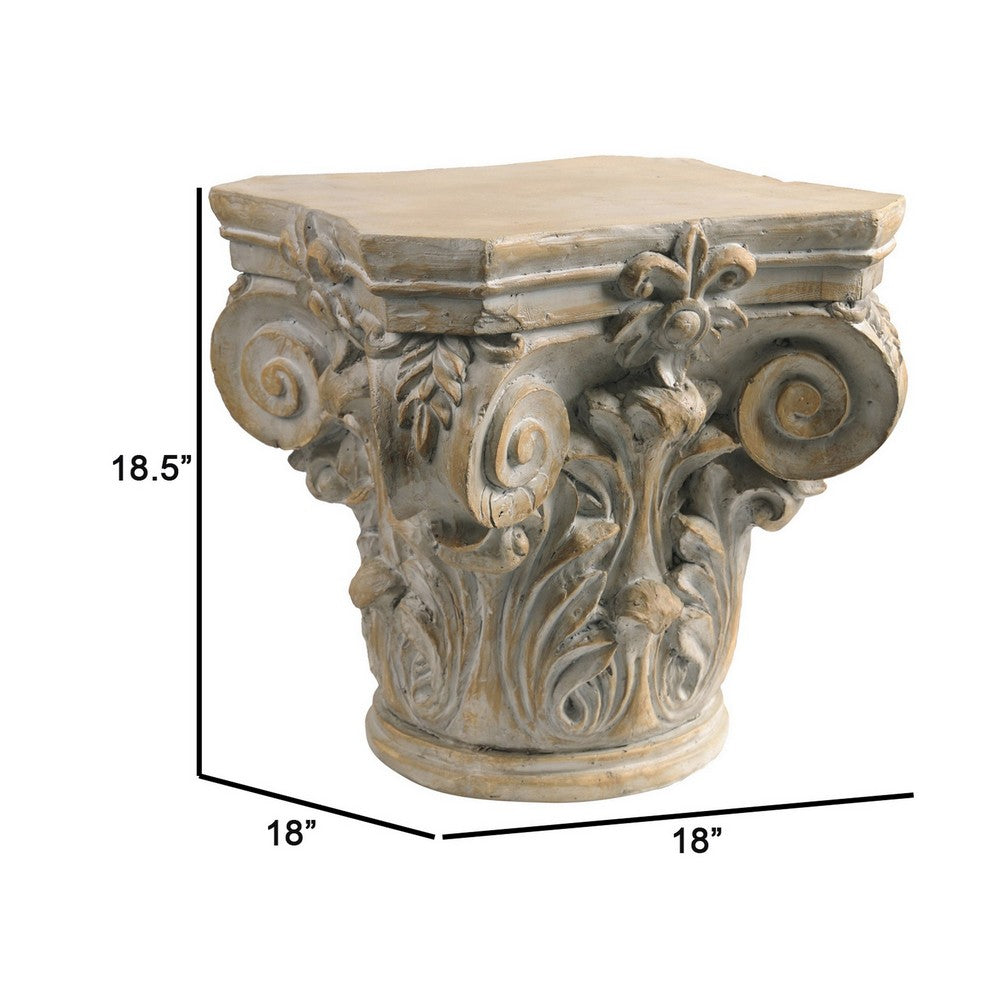 18 Inch Column Pedestal, Classic Carved Scrollwork, Floral, Antique White