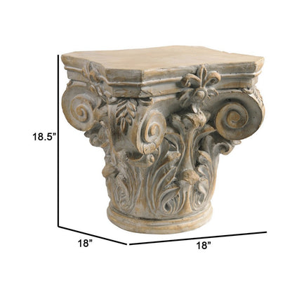 18 Inch Column Pedestal, Classic Carved Scrollwork, Floral, Antique White