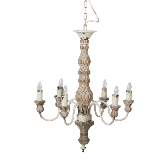 Kol 22 Inch Traditional 6 Light Chandelier, Fir Wood, Iron, Antique White — Chic Home-Decor